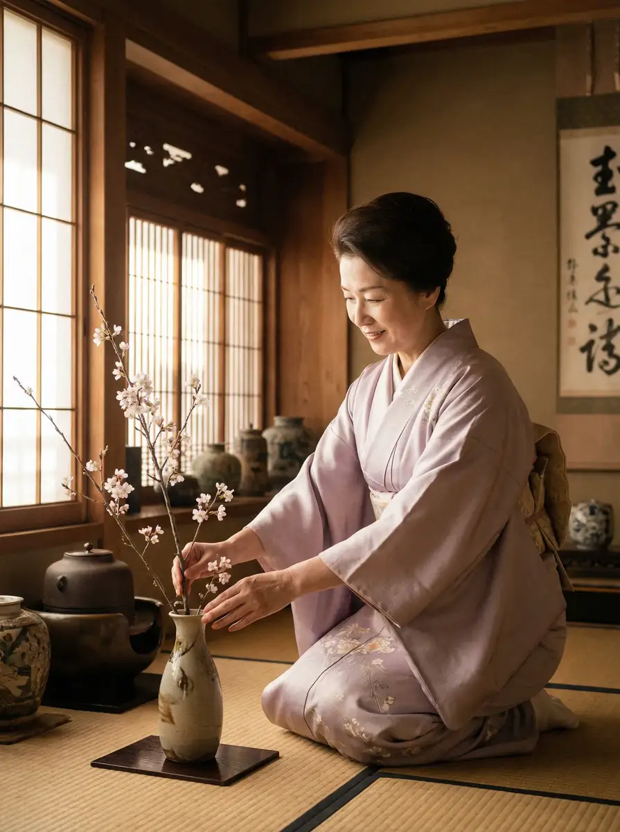 一位优雅的 甜心狐狸 在和室中插花